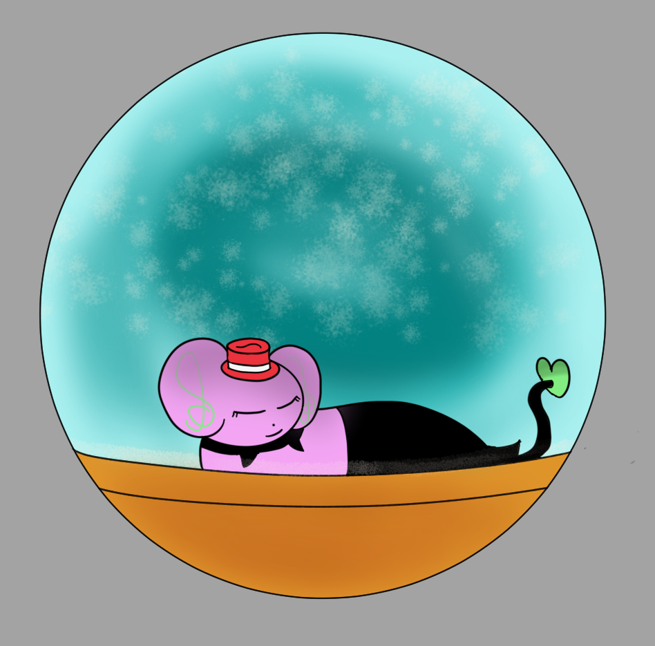 xmas pfp I made, frenzy sleeping in a snowglobe with a christmas colored fedora